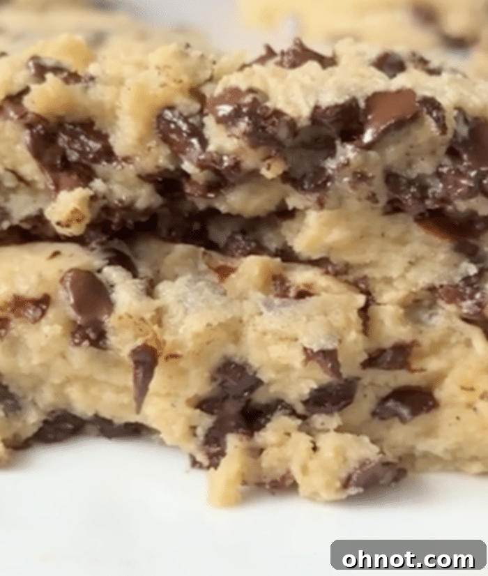 Close-up of freshly baked, warm cottage cheese cookies with gooey, melted chocolate chips, highlighting their soft and inviting texture.