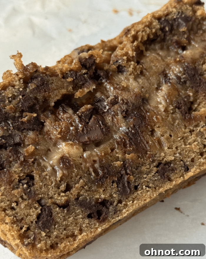 Close-up of a perfectly sliced piece of Cookie Dough Peanut Butter Bread showing gooey, melted chocolate chip cookie dough pockets within the moist bread.