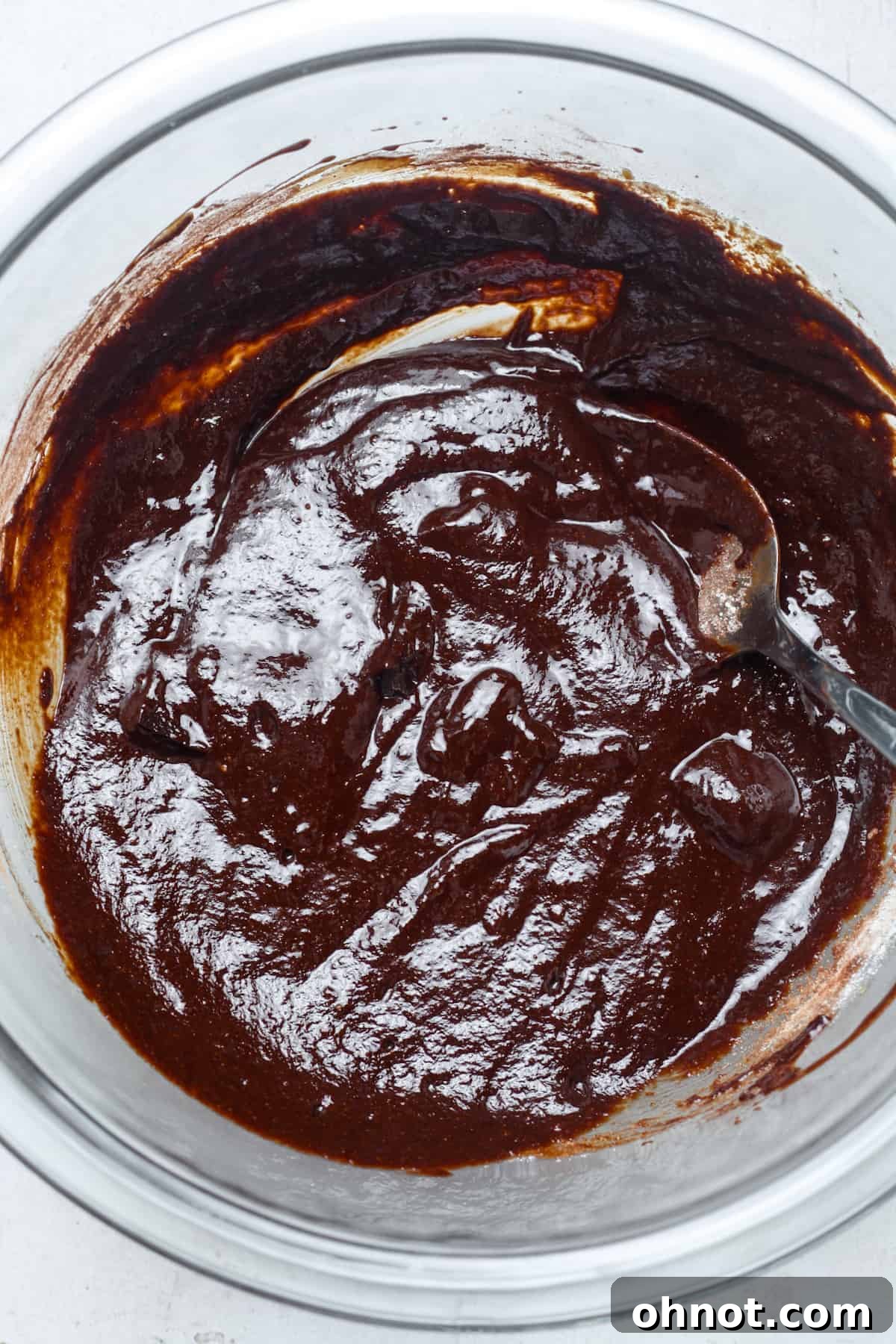 Completed thick brownie skillet batter, smooth and ready to be poured into the skillet.