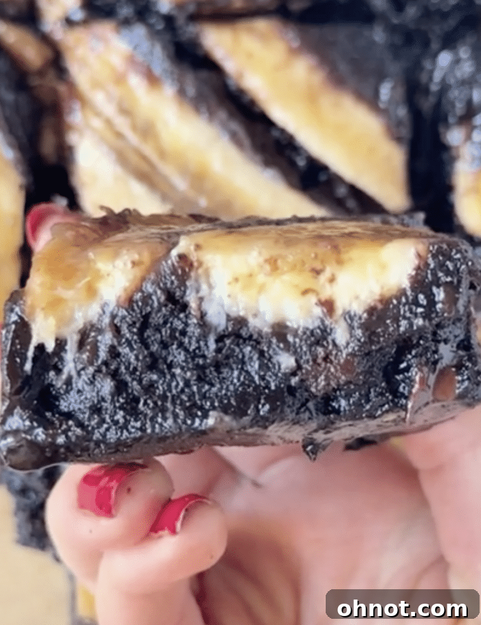Close up of banana upside down brownies.