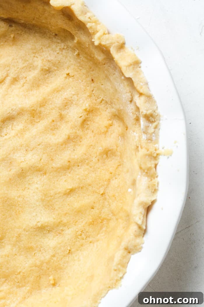 The raw Paleo pie crust, smoothed and with elegantly crimped edges, nestled in a pie dish.