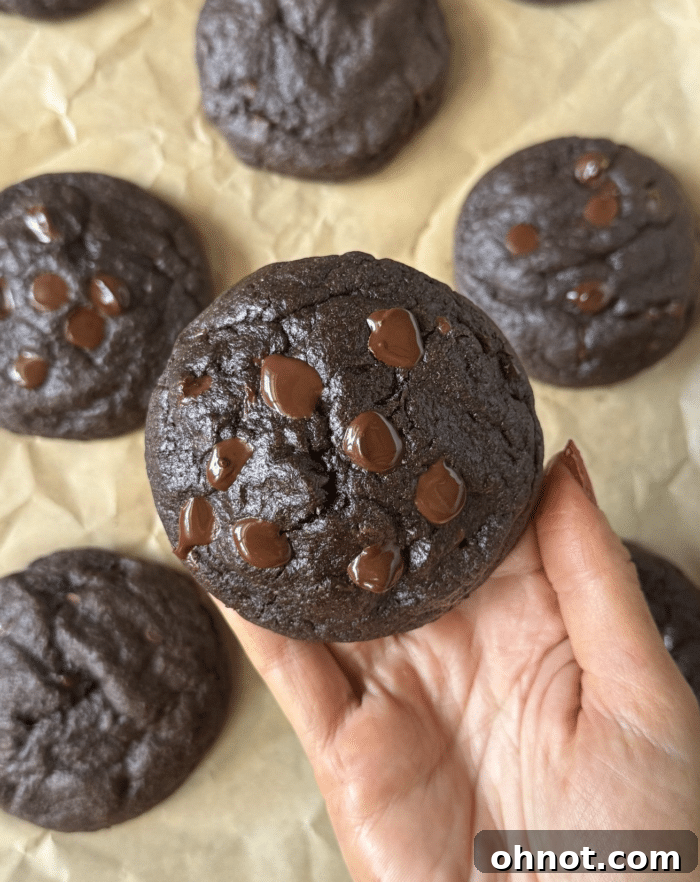 Close-up of baked chocolate lava cookies on a cooling rack, highlighting their slightly cracked tops and rich color, hinting at the gooey interior.
