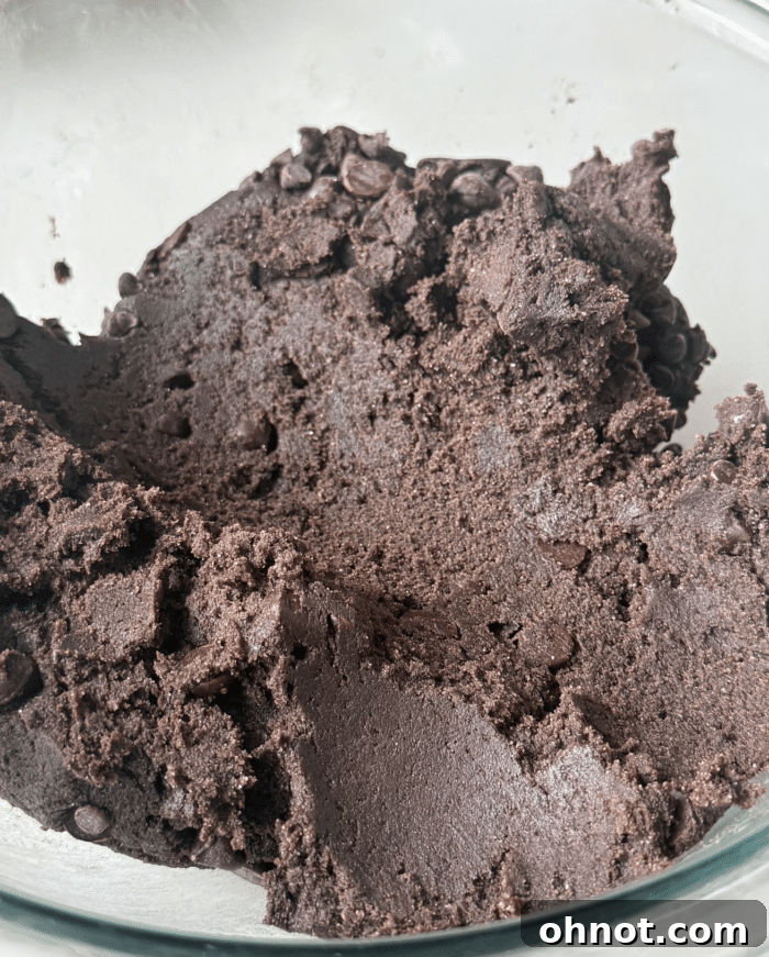 Rich, dark brown cookie dough before baking, showcasing its thick, pliable texture ready for shaping.