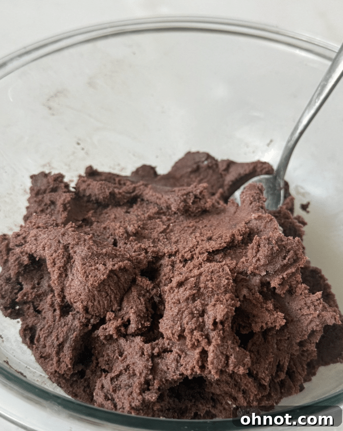 Thick chocolate batter resembling cookie dough in a glass bowl.