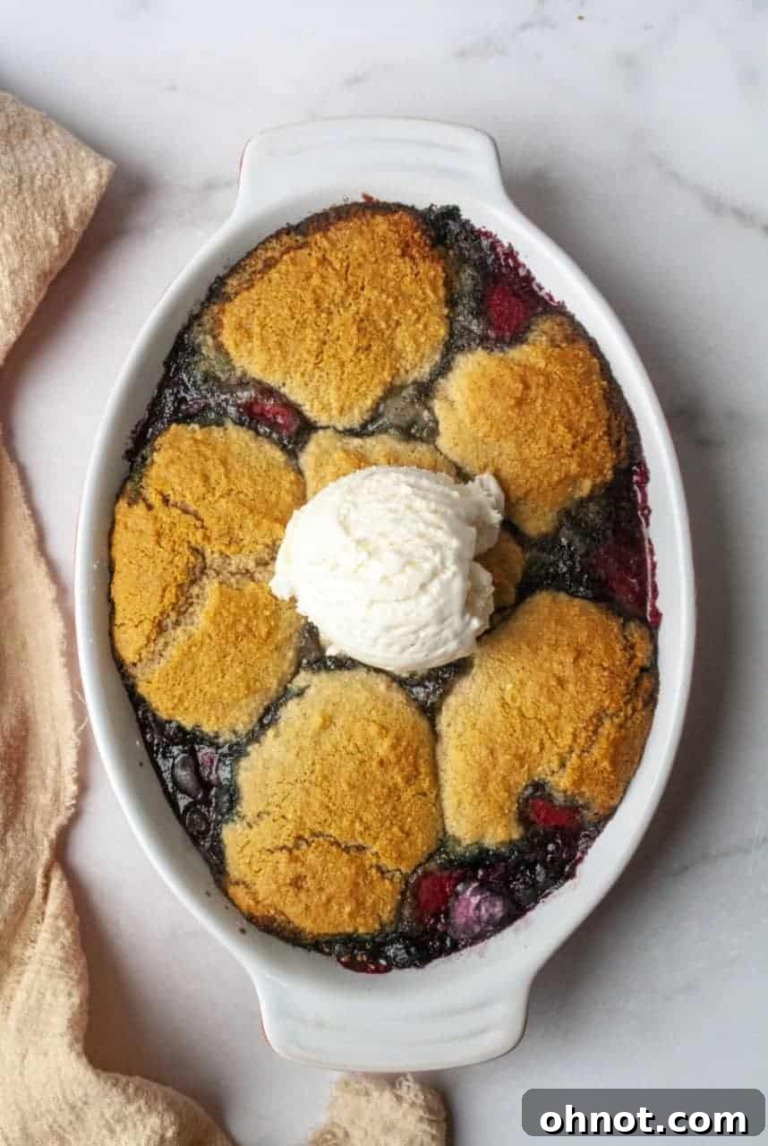 Close-up of baked berry cobbler showing the golden-brown topping and bubbling fruit filling, ready to serve