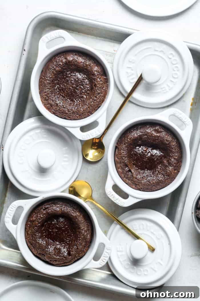 A trio of freshly baked chocolate lava cakes, perfectly unmolded and ready to be served.
