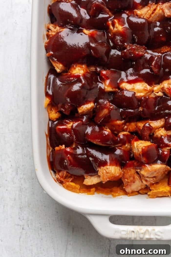 A Whole30 BBQ Chicken Casserole dish, freshly baked and ready to serve.