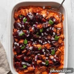 Whole30 BBQ Chicken Casserole in a white casserole dish.