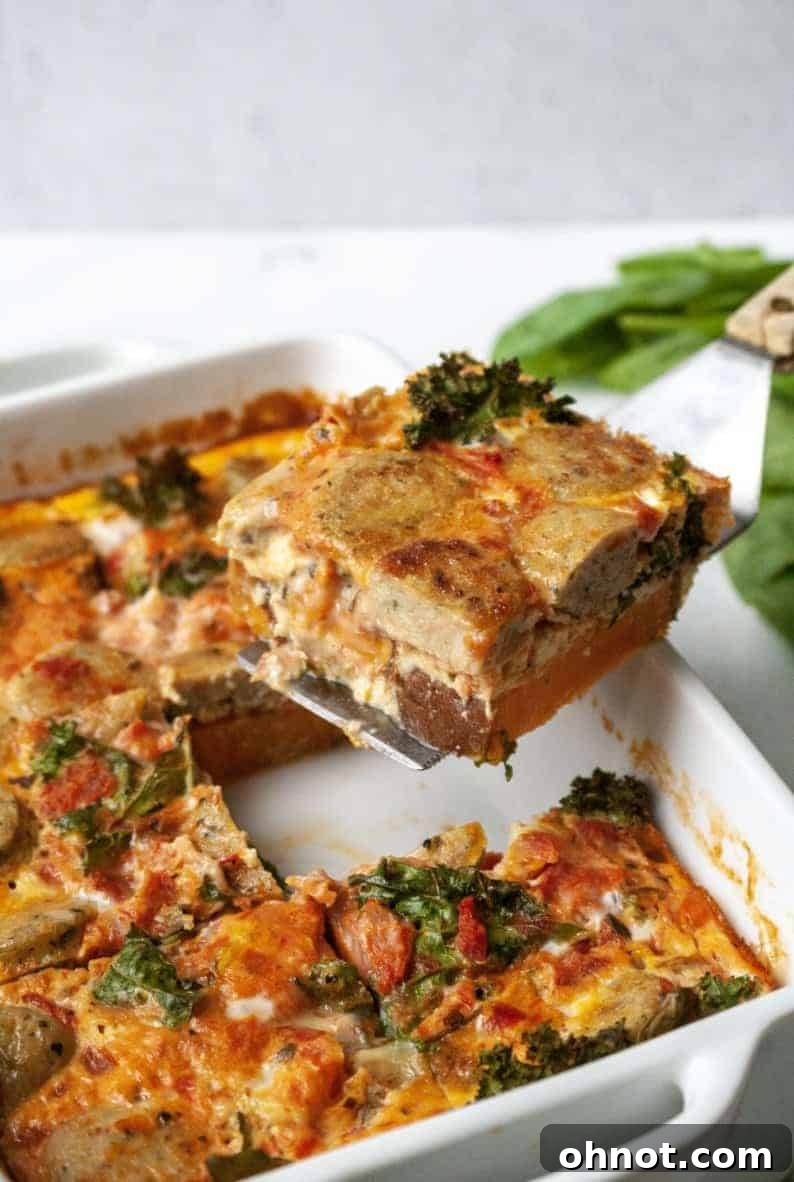 Sweet Potato and Chicken Sausage Casserole - first image showing sliced sweet potatoes in a casserole dish
