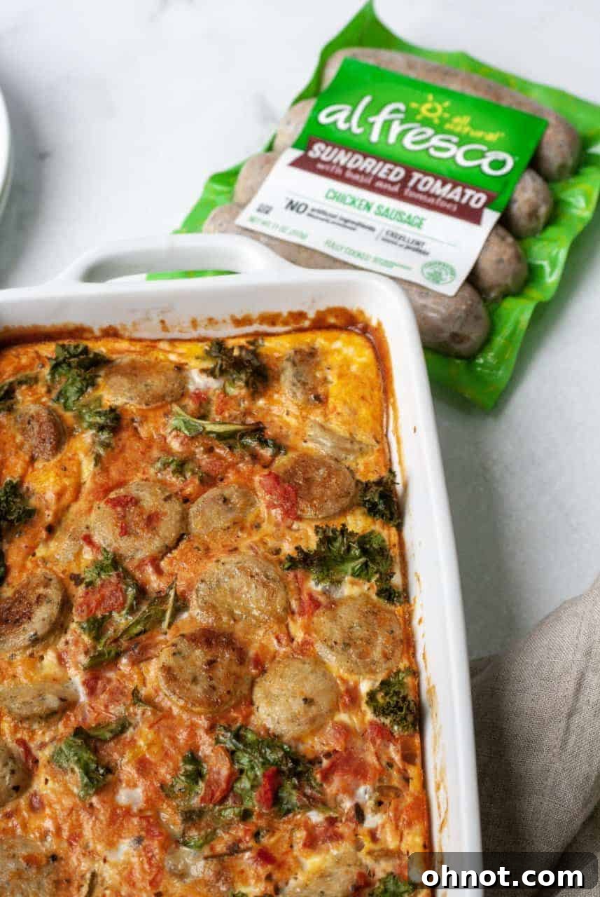Baked breakfast casserole, showing the golden top and cooked eggs