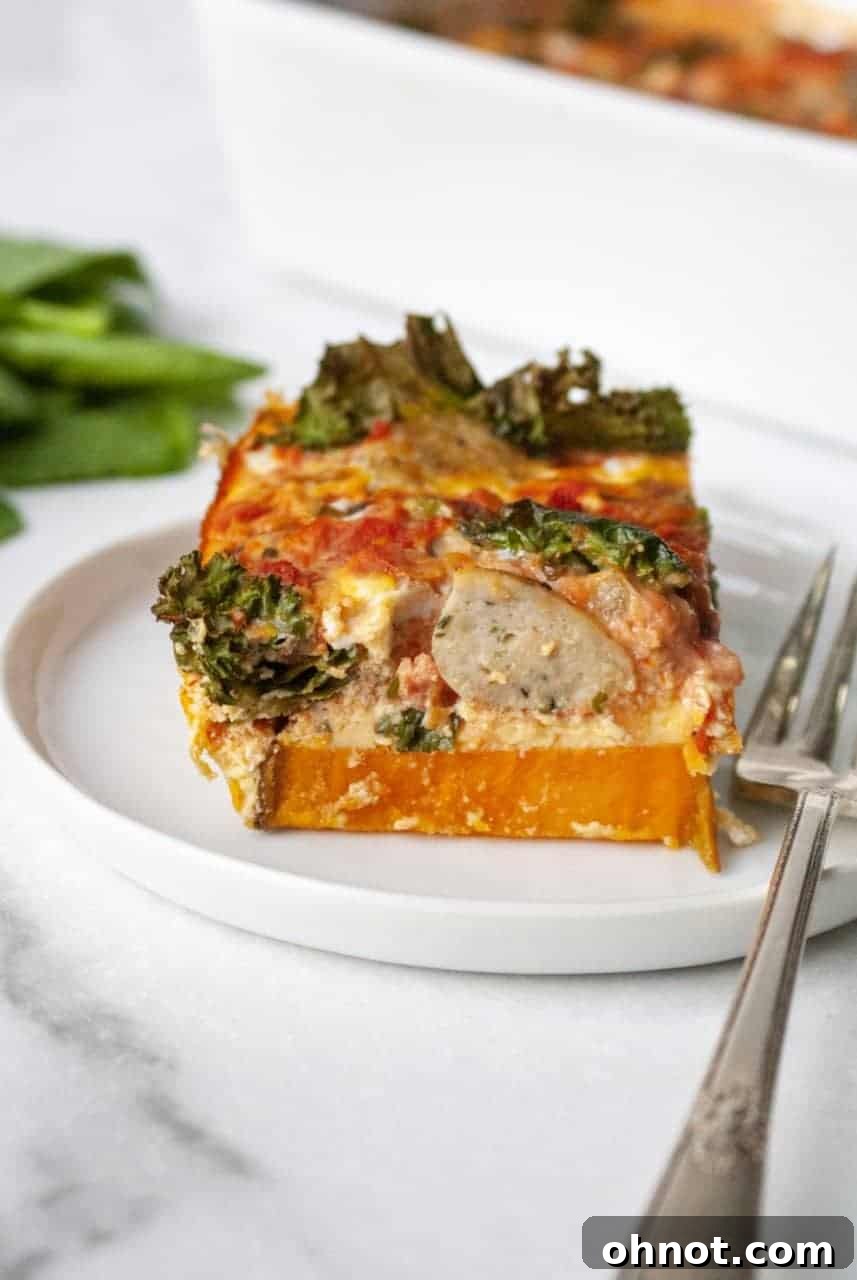 Individual serving of the sweet potato and chicken sausage breakfast casserole on a plate