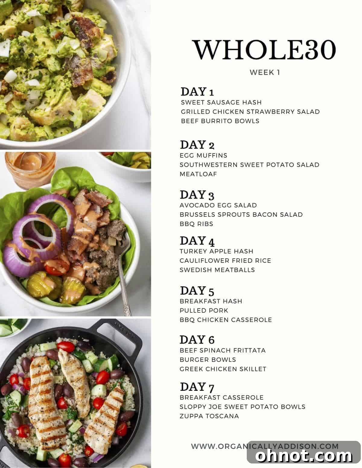 A beautifully arranged Whole30 meal plan featuring various healthy dishes, perfect for a week of clean eating.