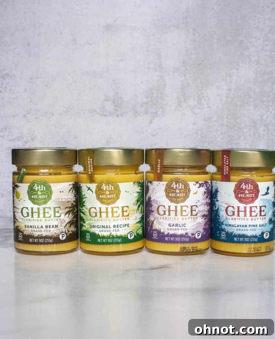 Various flavors of ghee, including vanilla bean, original, and garlic