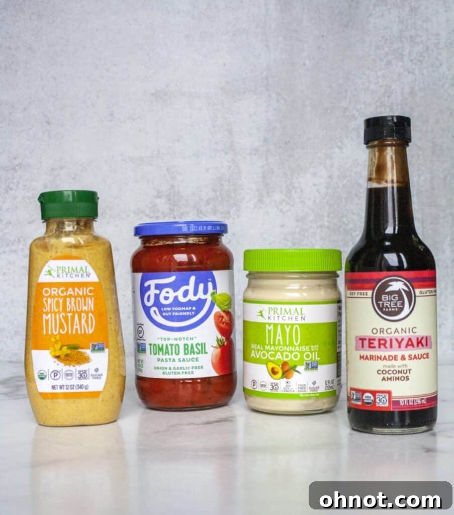 Selection of other favorite Whole30 products including mustard, pasta sauce, mayo, and coconut aminos