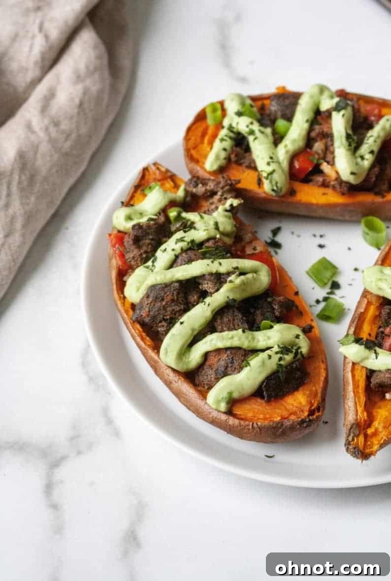 Finished Sweet Potato Taco Skins with avocado crema and cilantro