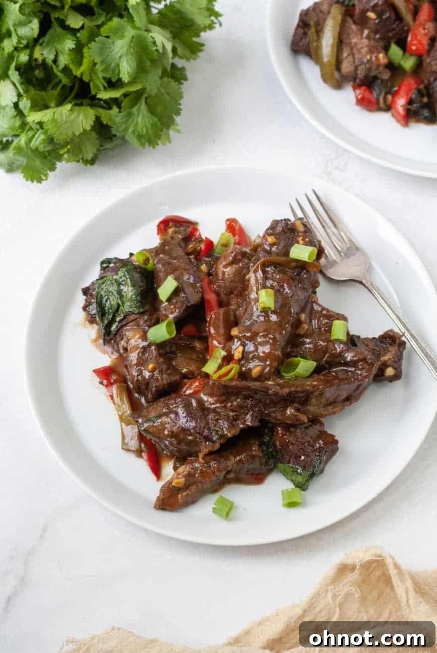 A delicious serving of Whole30 Thai Basil Steak, featuring tender steak slices, colorful bell peppers, and fresh green onions, ready to be enjoyed.
