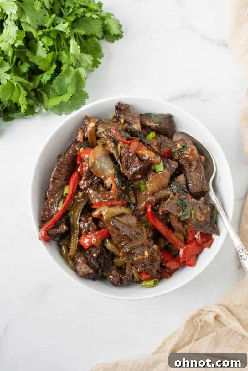 A perfectly plated dish of Whole30 Thai Basil Steak with fresh green onions, served over a bed of fluffy cauliflower rice.