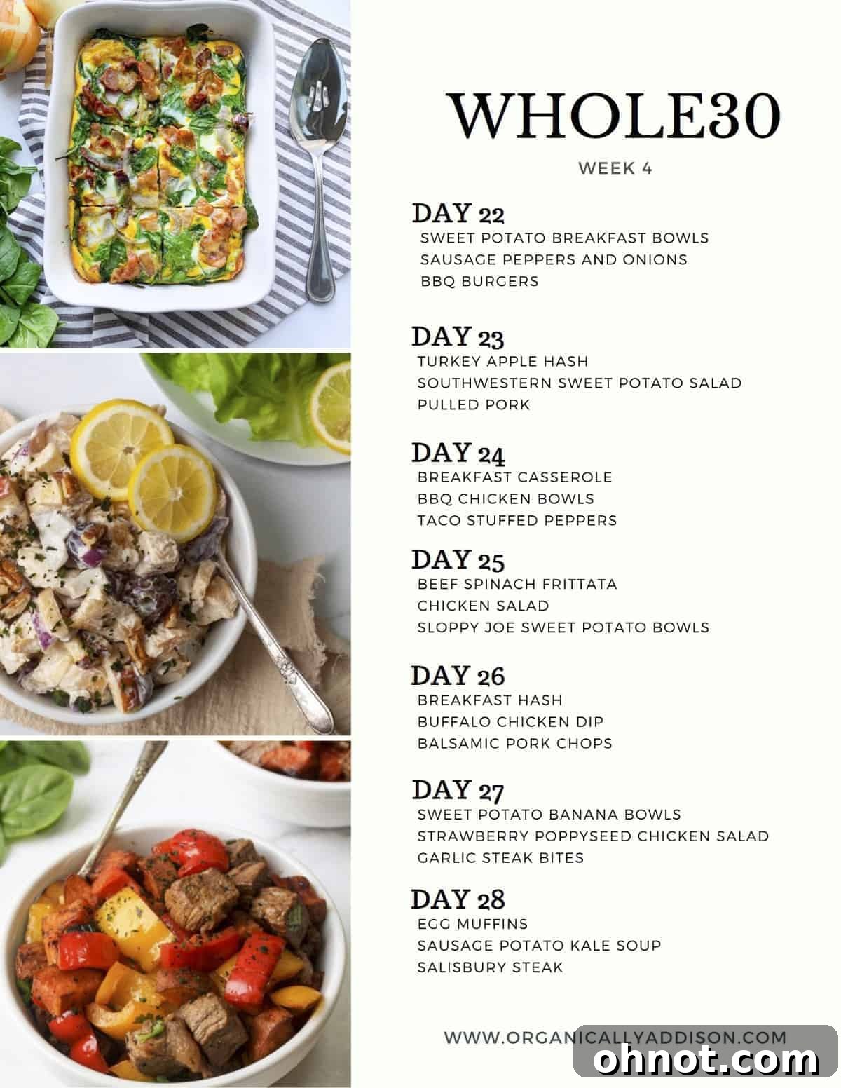 A vibrant and diverse Whole30 meal spread, featuring various healthy ingredients and dishes arranged aesthetically on a wooden table, suggesting a week of clean eating.