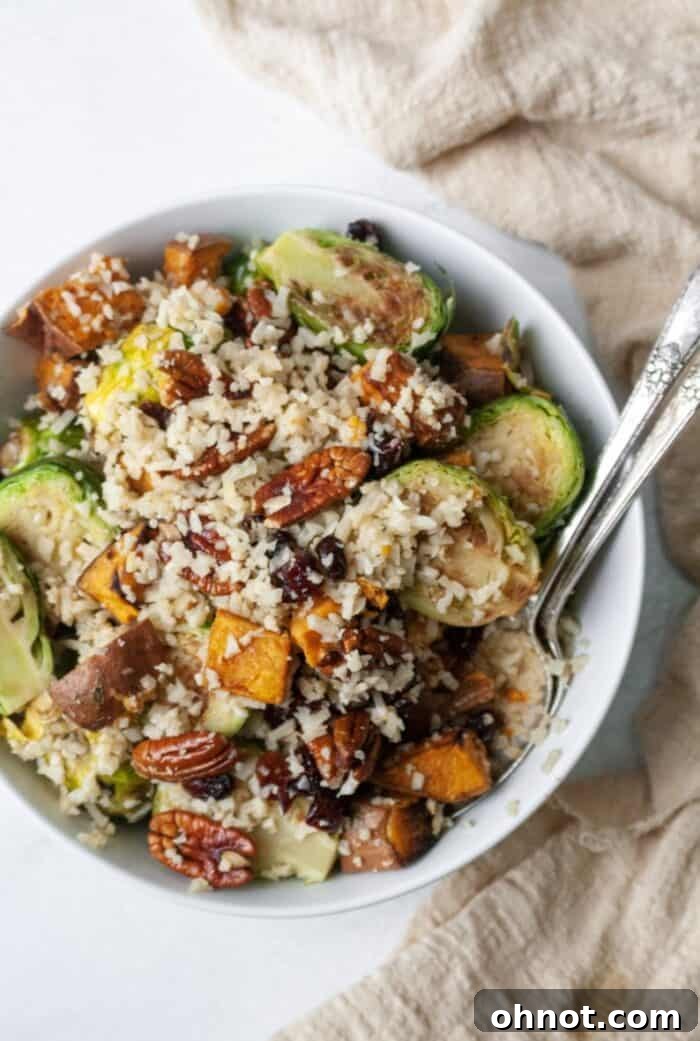 Close-up of Whole30 Harvest Rice showcasing roasted vegetables and cauliflower grains.