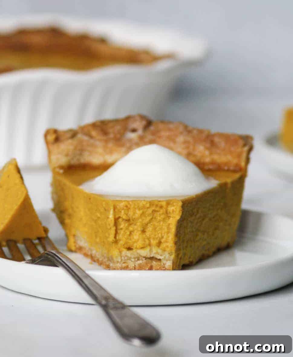 Paleo Pumpkin Pie with a slice cut out, showcasing the creamy filling and golden crust.