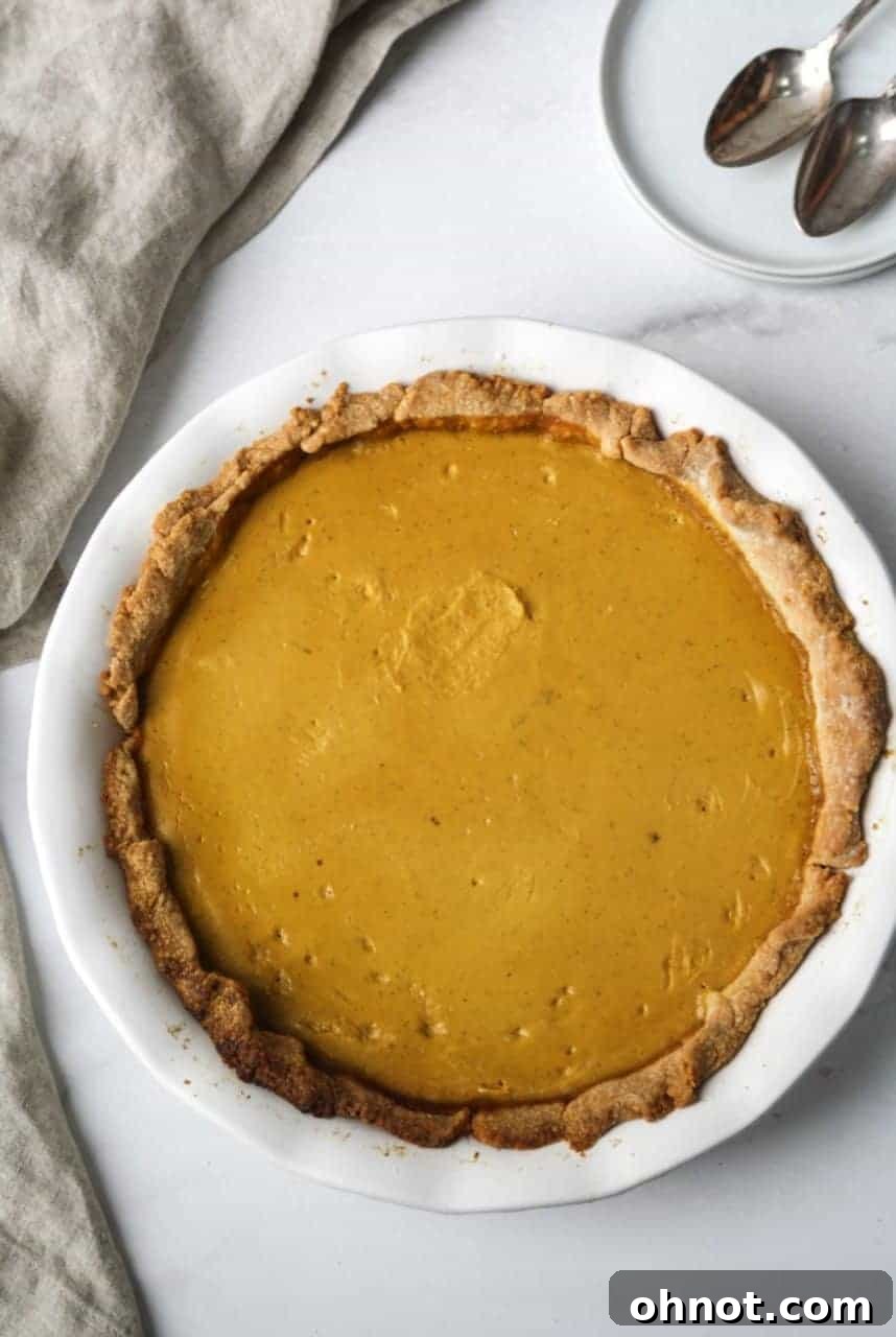 A beautifully baked Paleo Pumpkin Pie, golden-brown crust and smooth filling.