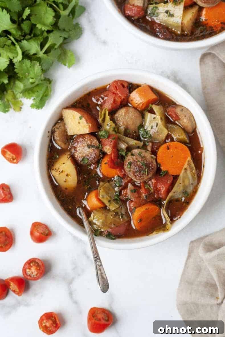 A large bowl of Paleo Sausage Cabbage Soup garnished with fresh herbs, ready to be enjoyed.