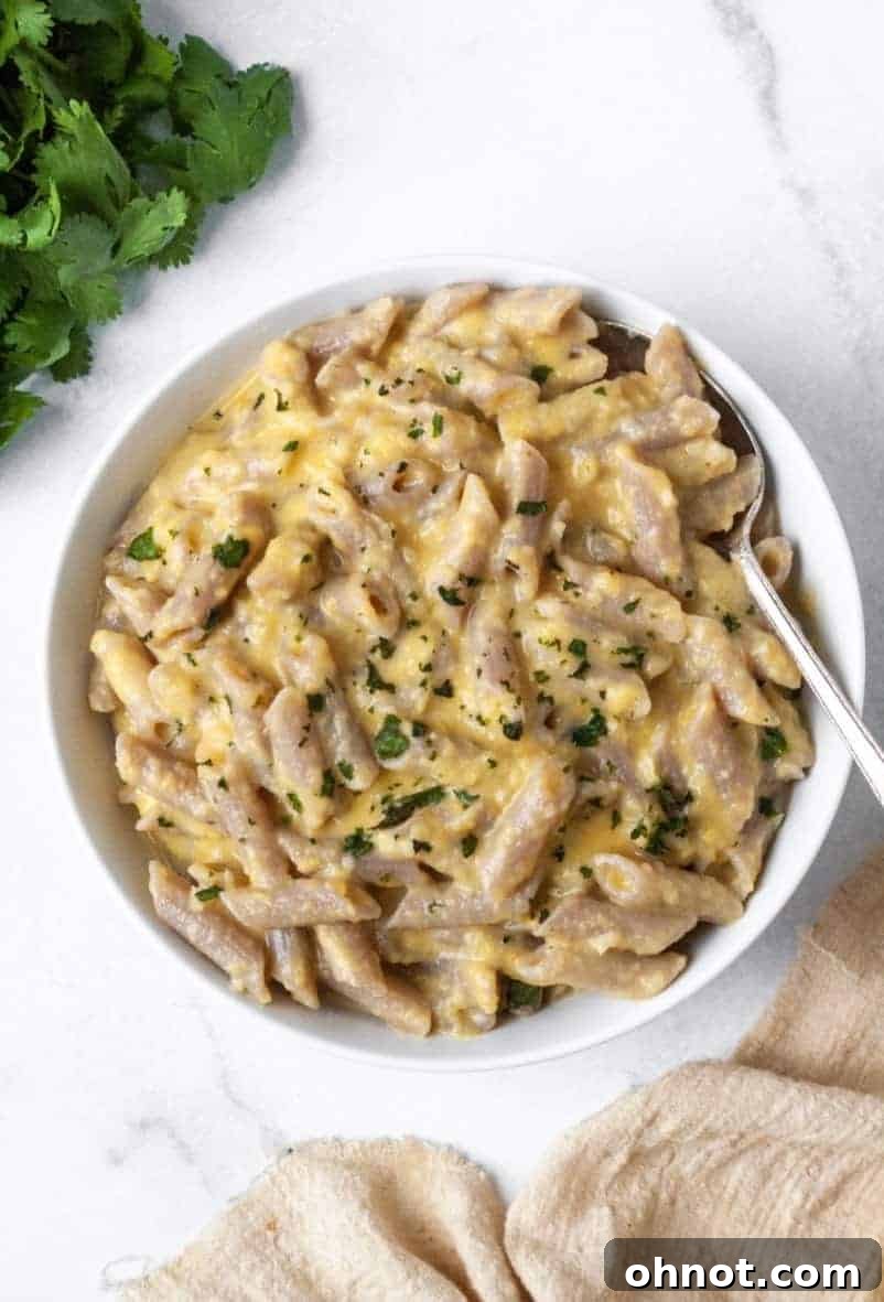 Creamy Butternut Squash Mac and Cheese served in a bowl with fresh basil garnish.