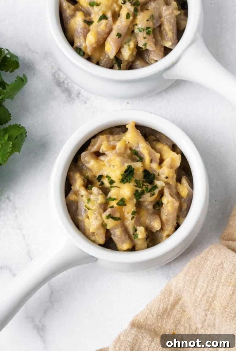 A beautifully plated bowl of vegan butternut squash mac and cheese ready to be enjoyed.