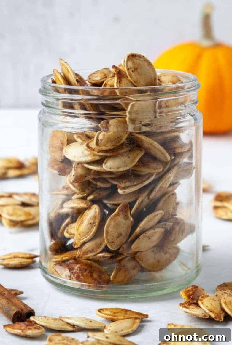 A close-up view of a bowl brimming with perfectly roasted, sweet and savory pumpkin seeds, ready for snacking.