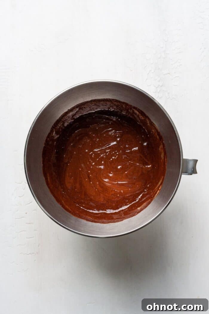 Smooth, rich chocolate batter in a mixing bowl