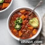 Whole30 sweet potato chili in a white bowl.