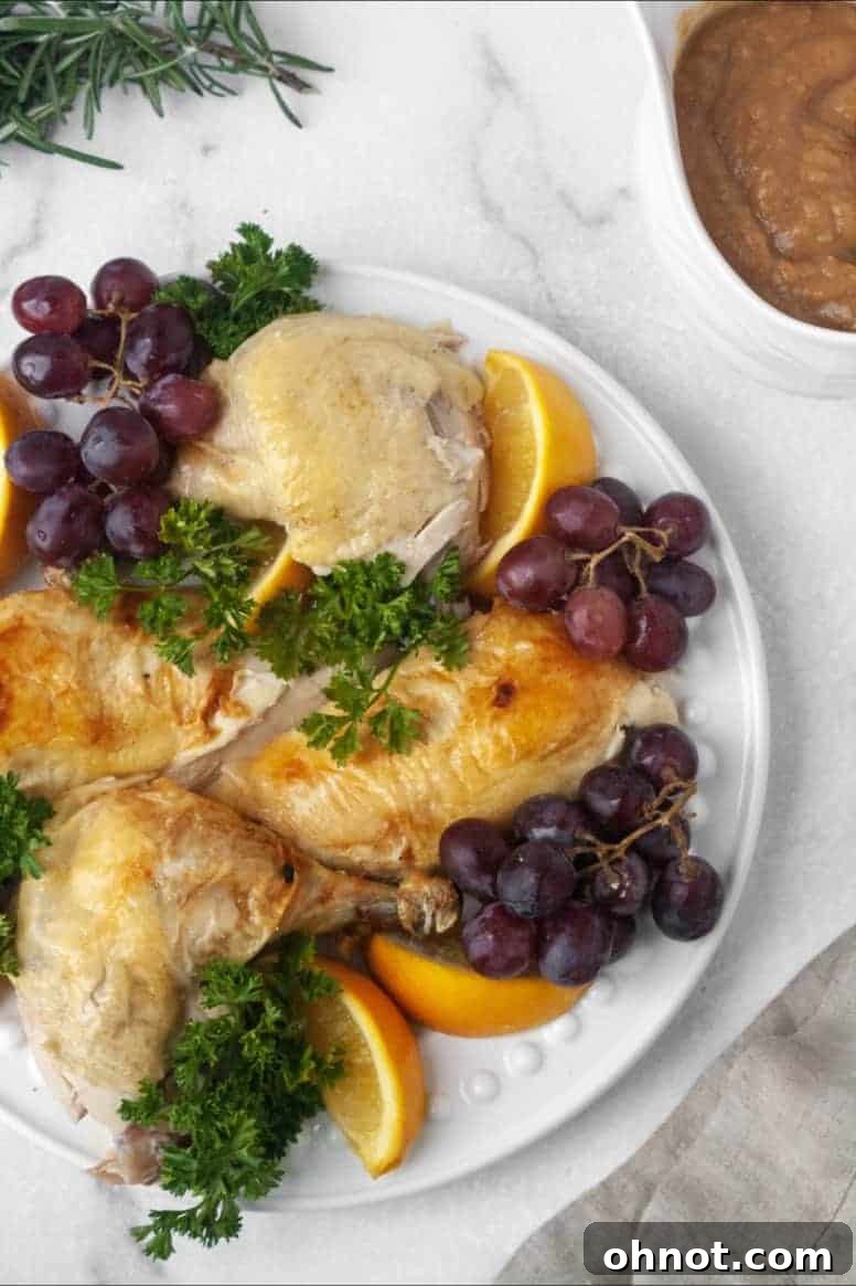 Delicious plate of Instant Pot whole chicken served with garnishes