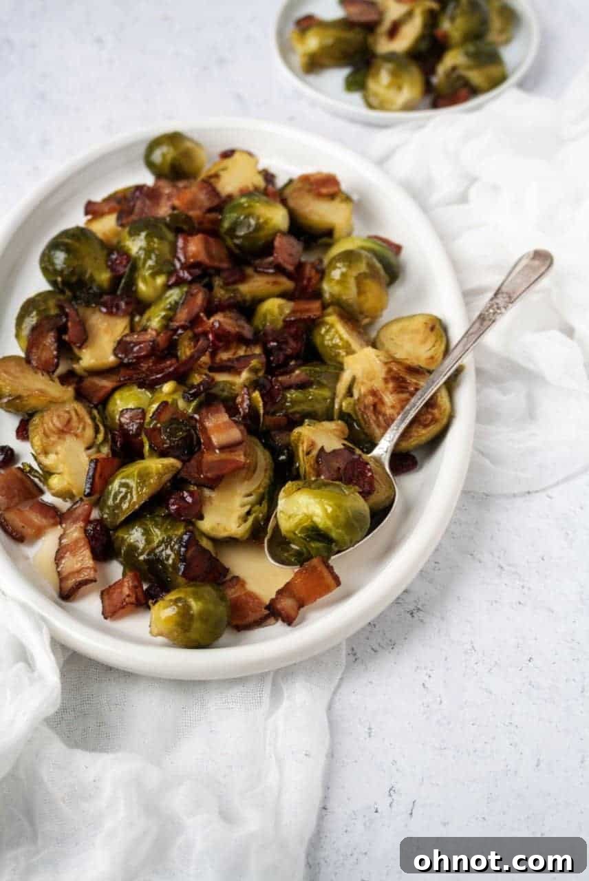 An overhead view of the prepared Maple Bacon Brussels Sprouts dish, highlighting its appetizing appearance.