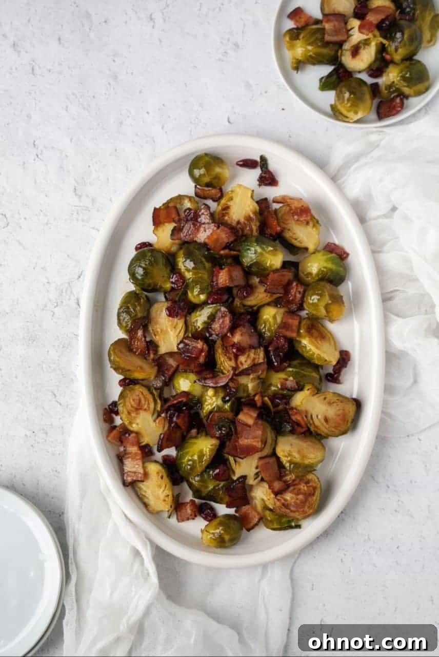 The final delicious plate of Paleo Maple Bacon Brussels Sprouts, showcasing its rich colors and textures.