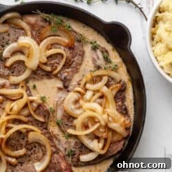 Whole30 steak with gravy in cast iron skillet