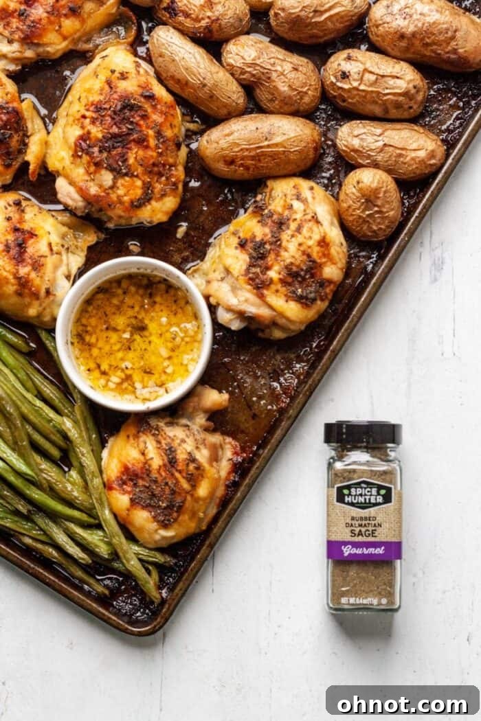 Close-up of a baking pan featuring beautifully roasted chicken thighs, golden fingerling potatoes, and tender green beans, all seasoned perfectly.