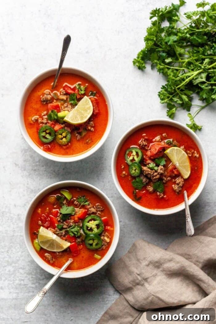 A second image of the Whole30 Taco Soup in a bowl, showing the texture and ingredients.