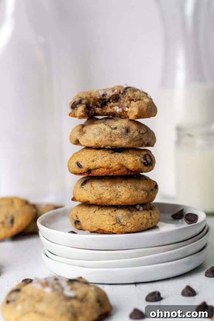 A stack of Paleo chocolate chip cookies on a white plate.