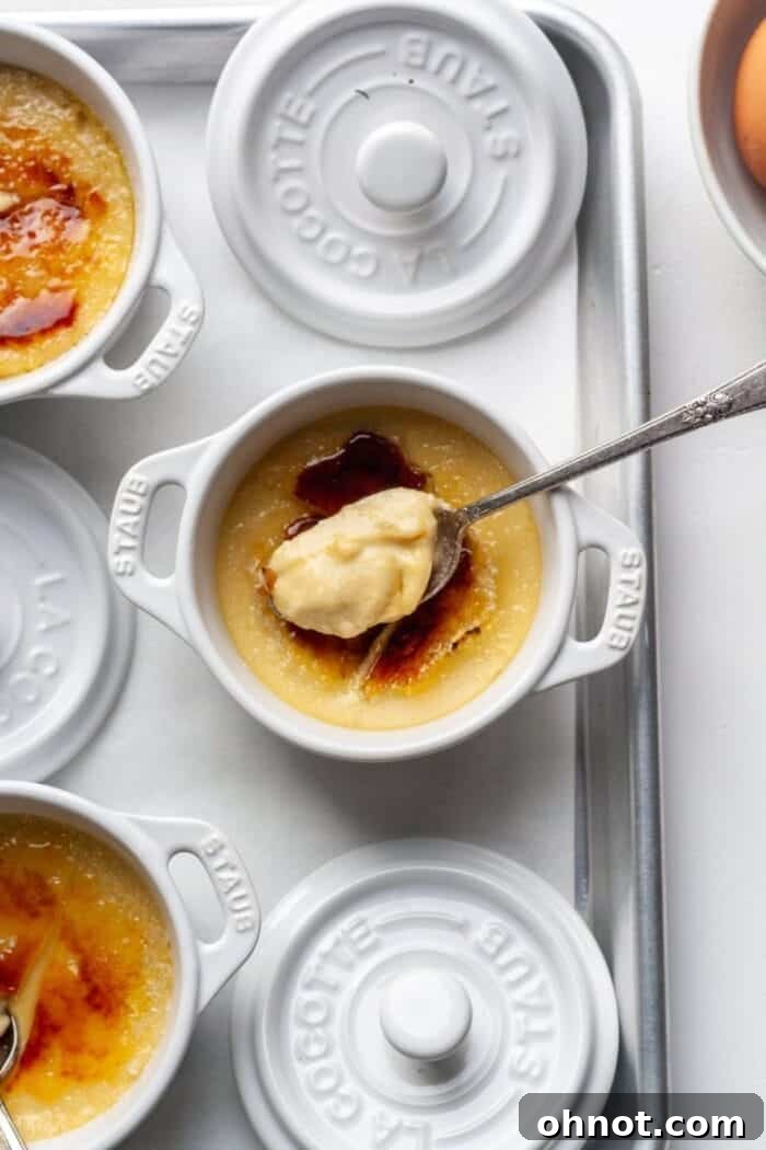 A white ramekin filled with Gluten Free Crème Brûlée.