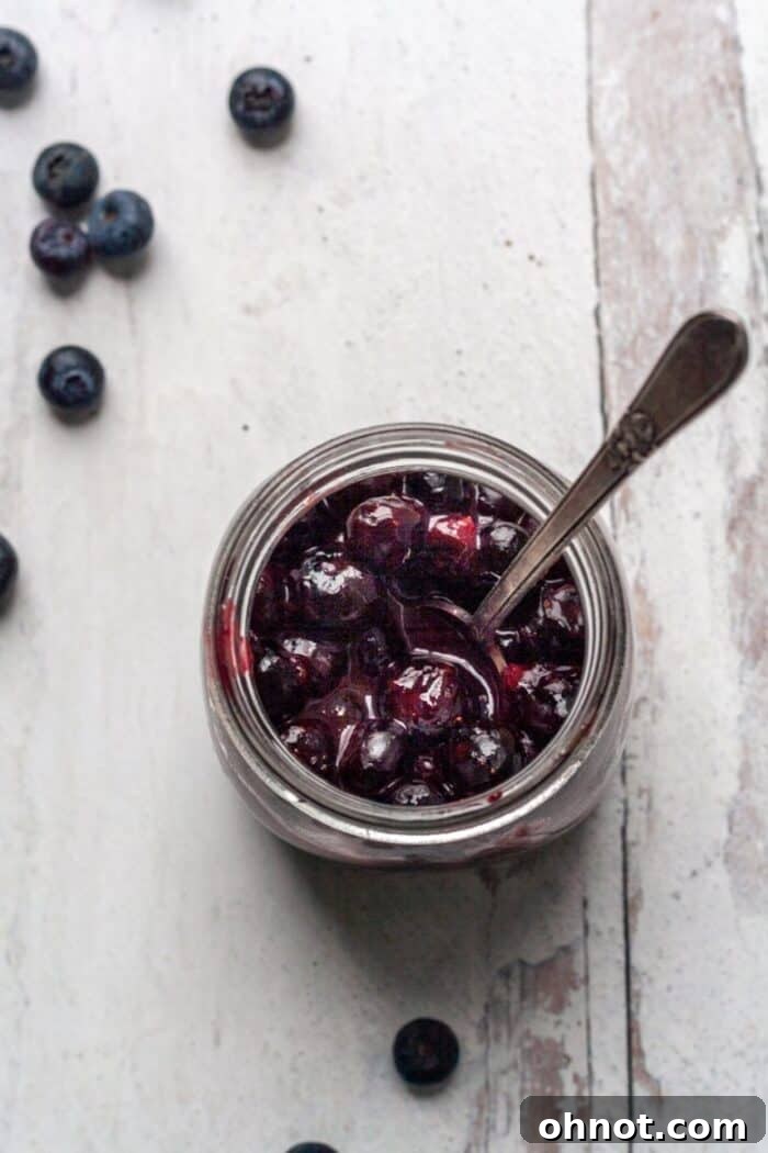A beautiful glass jar brimming with vibrant homemade Vegan Blueberry Jam, ready to be enjoyed.