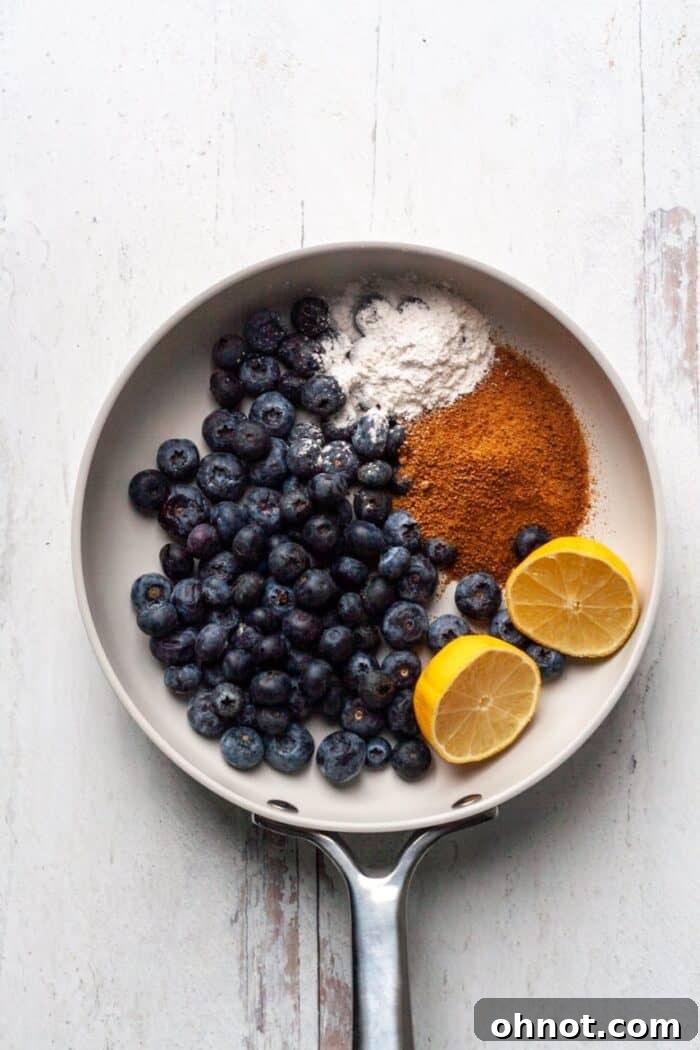 A white skillet filled with fresh blueberries, coconut sugar, tapioca flour, and lemon juice, being gently stirred.