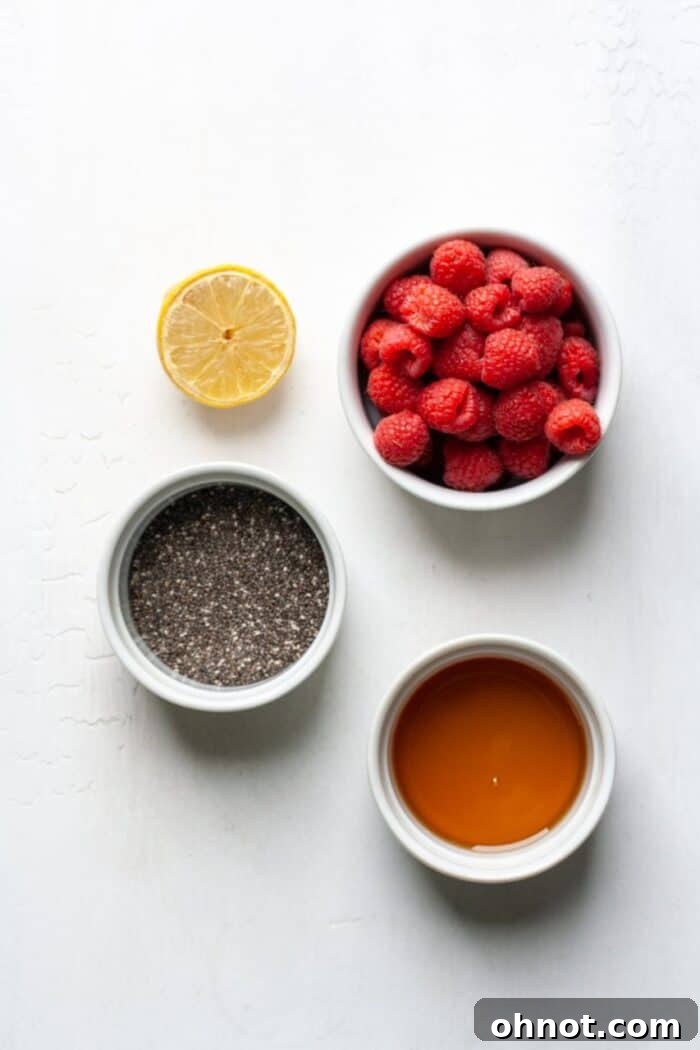 A simple flat lay of the four core ingredients for sugar-free raspberry chia jelly: fresh red raspberries, a small bowl of chia seeds, a bottle of pure maple syrup, and a fresh lemon, ready for zesting and juicing.