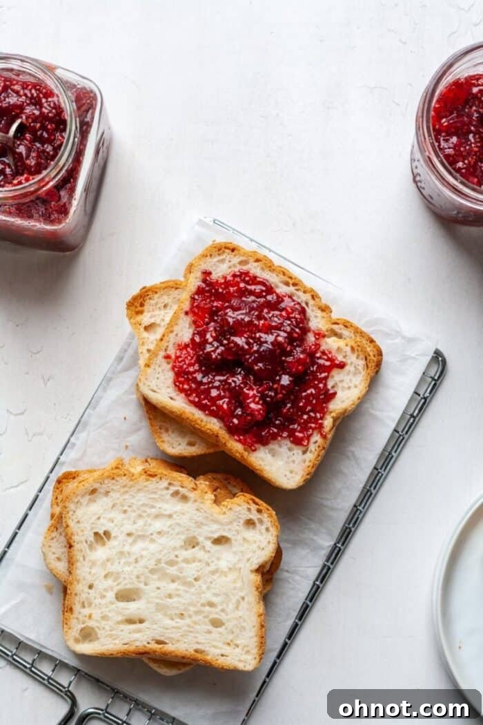 A slice of golden, toasted gluten-free bread generously spread with vibrant red sugar-free raspberry chia jelly, highlighting its smooth, fruit-filled texture, ready to be enjoyed as a healthy snack or breakfast.