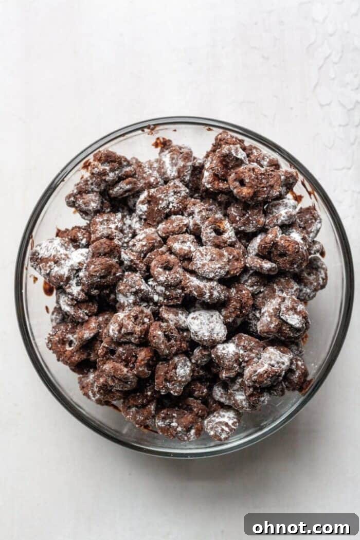 Healthy puppy chow in a glass bowl, beautifully coated in powdered maple sugar.