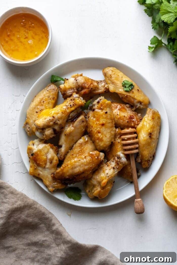 A plate of golden-brown air-fried chicken wings, perfectly crispy and ready to be served.