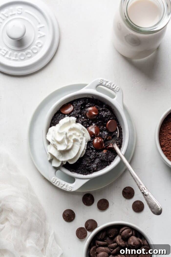 Vegan mug brownie topped with whipped cream, in a white mug.