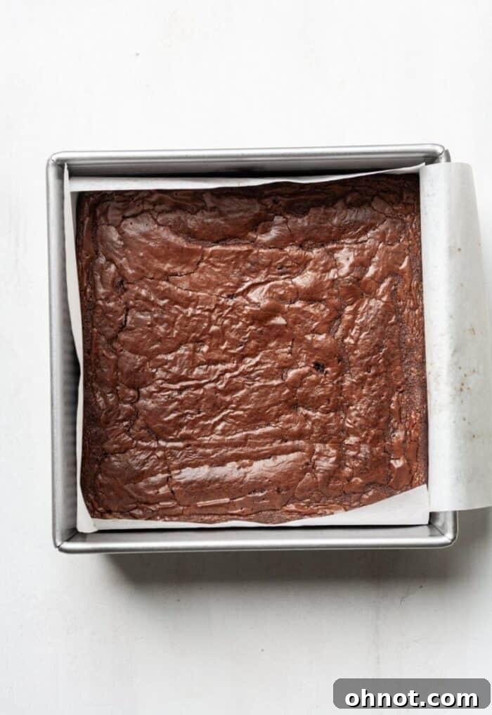 Freshly baked grain-free brownies resting in the pan, showing a crinkled top