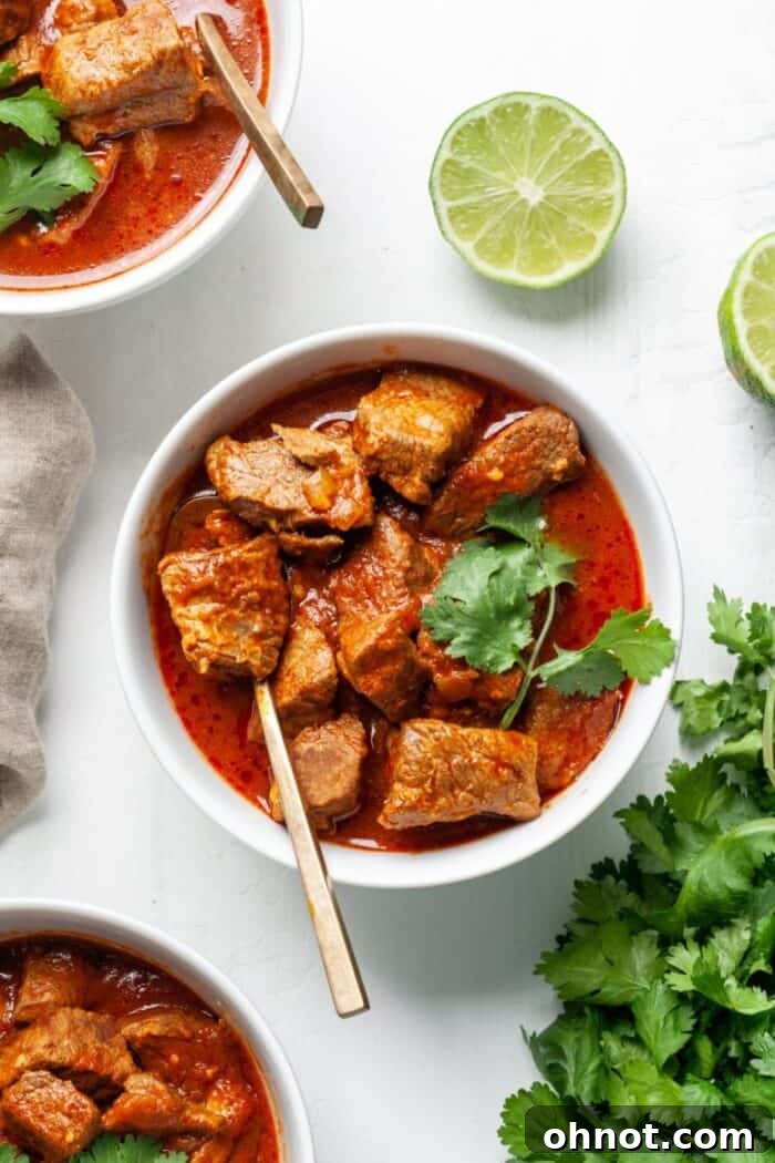 Whole30 beef masala curry in a white bowl, garnished with fresh cilantro
