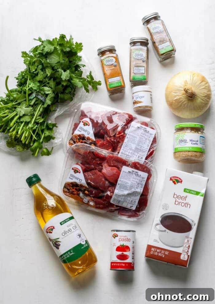 Assortment of fresh and dry ingredients for beef curry, including spices, onions, and beef cubes