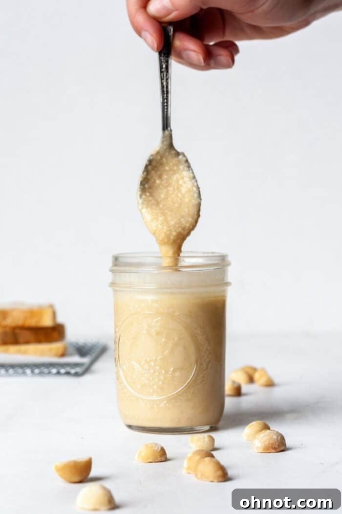 A high-speed blender processing macadamia nuts into smooth, creamy homemade macadamia nut butter.